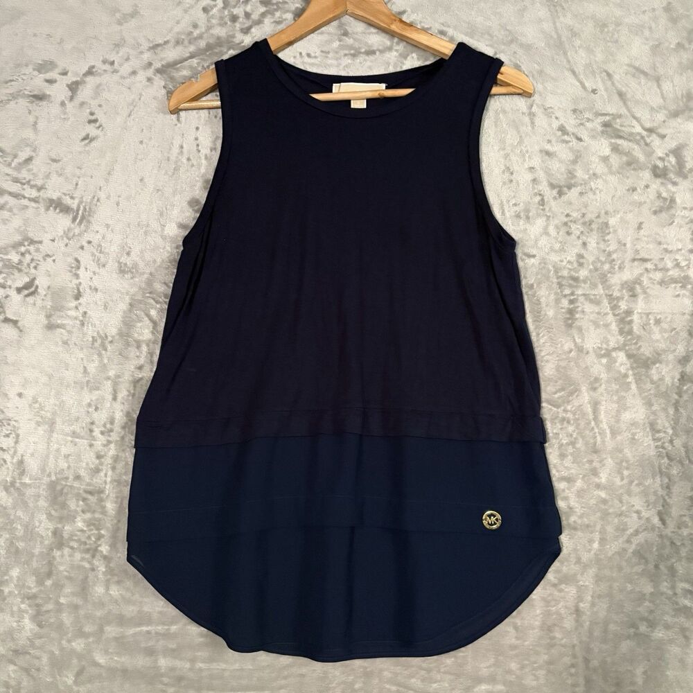 Michael Kors Navy Blue Mixed Media Tank Top Sleeveless Chiffon Hem Size S